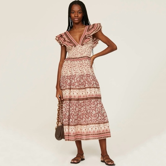 Sea New York Ivette Flutter Sleeve Smocked Midi Dress in Red - Picture 1 of 7
